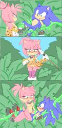 Rule 34 | 1boy, 1girl, absurdres, amy rose, angelofhapiness, arm behind head, blue fur, blush, dick in pussy, green eyes, hedgehog boy, hedgehog girl, hetero, highres, jungle, looking at another, looking at viewer, looking down, looking up, mobian (species), nature, pink fur, plant, polearm, sex, sonic (series), sonic prime, sonic the hedgehog, spear, thorn rose, vines, weapon