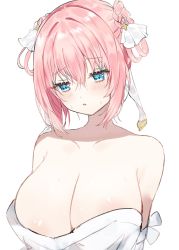 Rule 34 | 1girl, :o, areola slip, bare shoulders, blush, braid, braided hair rings, breasts, cleavage, hair between eyes, hair rings, highres, large breasts, looking away, looking down, off shoulder, pink hair, princess connect!, simple background, solo, sweatdrop, tareme, upper body, white background, yui (ceremonial) (princess connect!), yui (princess connect!), yupi (yuyupiko01)