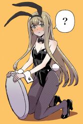 Rule 34 | 1girl, ?, animal ears, black bow, black bowtie, black leotard, blush, bou (inubou), bow, bowtie, breasts, brown hair, cleavage, commentary request, detached collar, fake animal ears, fake tail, fishnet pantyhose, fishnets, fuu-chan (fuu-chan no ana), fuu-chan no ana, green eyes, highres, kneeling, leotard, long hair, orange background, pantyhose, playboy bunny, rabbit ears, rabbit tail, small breasts, solo, spoken question mark, strapless, strapless leotard, sweatdrop, tail, traditional bowtie, tray, very long hair, wrist cuffs