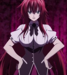 Rule 34 | 10s, 1girl, blue eyes, breasts, female focus, high school dxd, highres, large breasts, long hair, red hair, rias gremory, school uniform, screencap, skirt, smile, solo, standing, stitched, third-party edit, uniform, very long hair
