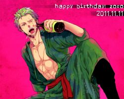 Rule 34 | 1boy, birthday, boots, bottle, drink, green hair, male focus, one-eyed, one piece, open mouth, robe, roronoa zoro, sash, scar, sitting, solo, yuu (1969loy)