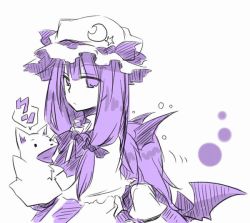 Rule 34 | 2girls, :/, ?, aged down, arm garter, bat wings, bow, capelet, child, crescent, dress, dress shirt, expressionless, female focus, flying sweatdrops, hair ribbon, hand puppet, hat, hat bow, hiding, hime cut, juliet sleeves, koakuma, long hair, long sleeves, low-tied long hair, low wings, monochrome, multiple girls, patchouli knowledge, puffy sleeves, puppet, purple theme, ribbon, shirt, shirt grab, shy, sidelocks, simple background, star (symbol), touhou, tress ribbon, vest, white background, white shirt, wings, yuuta (monochrome)