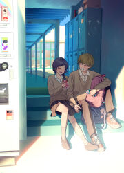 Rule 34 | 1boy, 1girl, :d, absurdres, backpack, bag, black hair, brown footwear, brown hair, brown skirt, brown sweater, closed eyes, cover, cover page, day, doujin cover, drinking straw, facing another, hetero, highres, holding hands, indoors, laughing, locker, long sleeves, macaronk, open mouth, original, school, school uniform, shoes, sitting, skirt, smile, sneakers, stairs, strawberry milk, sweater, vending machine
