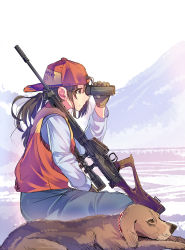 Rule 34 | 1girl, animal, arm up, backwards hat, baseball cap, battle rifle, between legs, binoculars, blue pants, brown eyes, brown gloves, brown hair, closed mouth, clothes writing, daito, denim, dog, expressionless, from side, fur, gloves, gun, hand between legs, hat, holding, jeans, long sleeves, looking afar, original, pants, profile, red hat, red vest, rifle, scope, shirt, sitting, sniper, sniper rifle, solo, vest, weapon, weapon request, white shirt