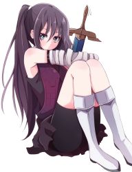 Rule 34 | 1girl, aqua eyes, armpits, black shorts, blush, boots, brown hair, brown skirt, enelis, long hair, looking at viewer, on ground, original, pleated skirt, ponytail, shorts, shorts under skirt, simple background, sitting, skirt, sleeveless, solo, sword, weapon, white background, white footwear