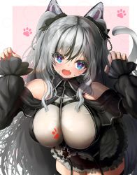 Rule 34 | 1girl, absurdres, animal ears, apron, azur lane, bad id, bad pixiv id, bare shoulders, black dress, black hair, black ribbon, breasts, cat ears, cat girl, cat tail, clothing cutout, cowboy shot, dress, elbe (azur lane), fang, frilled apron, frills, grey hair, hair between eyes, hair ribbon, highres, large breasts, leotard, long hair, looking at viewer, marble ramune, multicolored hair, nail polish, open mouth, paw pose, paw print, pink background, purple eyes, ribbon, shoulder cutout, simple background, skin fang, solo, standing, streaked hair, tail, two-tone background, two-tone hair, very long hair, white apron, white leotard