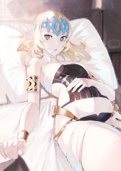 Rule 34 | 1girl, absurdres, armlet, bare shoulders, black shirt, blonde hair, bracelet, breasts, clothes pull, diadem, fate/grand order, fate (series), grey eyes, highres, huge filesize, jewelry, lying, medium hair, on back, open mouth, perspective, pillow, pollux (fate), robe, shirt, small breasts, solo, thighs, white robe, you-6-11