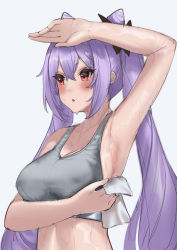 Rule 34 | 1girl, absurdres, arm up, armpits, bra, breasts, double bun, fourtwelve, genshin impact, grey bra, hair bun, handkerchief, highres, keqing (genshin impact), large breasts, looking to the side, midriff, navel, open mouth, purple eyes, purple hair, sleeveless, solo, sweat, twintails, underwear