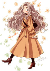 Rule 34 | 1girl, :o, artist name, bag, black bag, black pantyhose, blush, brown eyes, brown footwear, buttons, character name, commentary request, dated, dress, floral background, frilled sleeves, frills, from side, full body, grey background, high heels, himawari-san, leaf, leaf background, leg up, light brown hair, long hair, long sleeves, looking at viewer, looking to the side, nail polish, oomiya miyako, open mouth, orange dress, orange nails, pantyhose, shoulder bag, signature, simple background, solo, standing, standing on one leg, sugano manami, very long hair, wavy hair