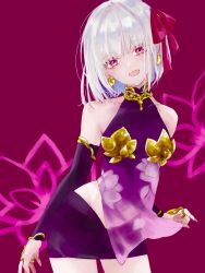 Rule 34 | 1girl, armlet, armor, asa (1asa-0-asa1), bad id, bad pixiv id, bare shoulders, bikini armor, blush, bracelet, breasts, collar, detached sleeves, dress, earrings, fate/grand order, fate (series), floral print, hair ribbon, highres, jewelry, kama (fate), kama (first ascension) (fate), looking at viewer, metal collar, miniskirt, open mouth, pelvic curtain, purple dress, purple skirt, purple sleeves, red eyes, ribbon, ring, short hair, silver hair, skirt, small breasts, smile, solo, thighs