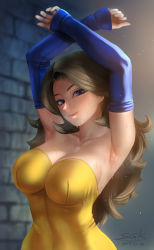 Rule 34 | 1girl, arm warmers, armpits, arms up, artist name, blue eyes, blurry, blurry background, breasts, brick wall, brown hair, cleavage, closed mouth, collarbone, commentary request, dated, diana (dq11), dragon quest, dragon quest xi, dress, highres, impossible clothes, impossible dress, large breasts, long hair, looking at viewer, sgk, signature, smile, solo, square enix, strapless, strapless dress, sweat, upper body, very sweaty, wavy hair, yellow dress