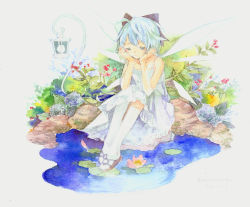 Rule 34 | almordova, cirno, dress, flower, head rest, highres, lantern, painting (medium), sitting, solo, touhou, traditional media, water, watercolor (medium), white dress