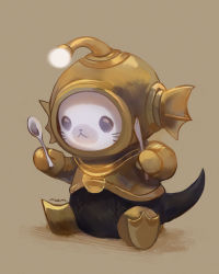 Rule 34 | :3, animal focus, artist name, black eyes, brown background, commentary, creature, diving helmet, diving suit, final fantasy, final fantasy xiv, from side, full body, grebuloff, helmet, holding, holding knife, holding spoon, knife, light bulb, mizoreame, no humans, signature, simple background, sitting, solid circle eyes, solo, spoon, standard diving dress, tail, whiskers