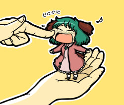 Rule 34 | 1girl, animal ears, cheek press, closed eyes, dress, female focus, green hair, in palm, kasodani kyouko, long sleeves, mini person, minigirl, musical note, open mouth, out of frame, outstretched arms, pink dress, short hair, smile, solo focus, tail, touhou, tsunamayo