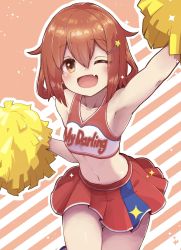 Rule 34 | 1girl, ;d, alternate costume, armpits, bare shoulders, brown eyes, brown hair, cheerleader, fang, hair between eyes, hair ornament, hairclip, highres, holding, holding pom poms, ikazuchi (kancolle), kantai collection, leg up, looking at viewer, midriff, navel, one eye closed, open mouth, pom pom (cheerleading), pom poms, red skirt, short hair, skirt, smile, solo, unagiman