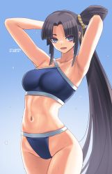 Rule 34 | 1girl, armpits, arms behind head, arms up, bare shoulders, bikini, black hair, blue background, blue bikini, blue eyes, blush, breasts, collarbone, fate/grand order, fate (series), gachou, gradient background, hair bun, highres, large breasts, long hair, looking at viewer, navel, open mouth, parted bangs, side bun, side ponytail, sidelocks, single hair bun, single side bun, smile, solo, swimsuit, thighs, translation request, ushiwakamaru (fate), ushiwakamaru (fate/grand order), ushiwakamaru (swimsuit assassin) (fate), ushiwakamaru (swimsuit assassin) (first ascension) (fate), very long hair, wet