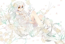 Rule 34 | 1girl, blue eyes, braid, dress, flower, hair ribbon, hand on own face, heterochromia, high heels, legs, long hair, looking at viewer, muted color, original, petals, plastick, ribbon, shoes, silver hair, sitting, socks, solo, very long hair, white background, white socks, yellow eyes