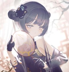 1girl bare_shoulders black_gloves black_hair blue_archive blue_eyes blush butterfly_hair_ornament china_dress chinese_clothes double_bun dragon_print dress gloves hair_bun hair_ornament halo hand_fan highres holding holding_fan kisaki_(blue_archive) long_hair looking_at_viewer off_shoulder solo tatara_(alnath_may) twintails