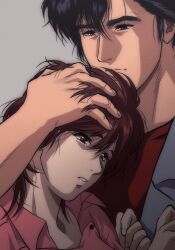 Rule 34 | 1boy, 1girl, absurdres, black hair, brown eyes, brown hair, city hunter, closed mouth, fingernails, grey background, grey jacket, hand in another&#039;s hair, hand on another&#039;s head, highres, jacket, makimura kaori, parted lips, pink shirt, red shirt, saeba ryou, shirt, short hair, simple background, yuu (masarunomori)