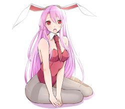 Rule 34 | 1girl, animal ears, breasts, rabbit ears, cleavage, highres, long hair, looking at viewer, medium breasts, necktie, open mouth, pantyhose, playboy bunny, purple hair, red eyes, reisen udongein inaba, simple background, solo, touhou, v arms, yukina (masyumaro610)