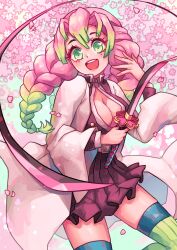 Rule 34 | 1girl, :d, akuo, blush, braid, breasts, center opening, cherry blossoms, cleavage, cowboy shot, demon slayer uniform, flower, gradient hair, green eyes, green hair, green thighhighs, hair between eyes, haori, heart, highres, holding, holding sword, holding weapon, japanese clothes, kanroji mitsuri, kimetsu no yaiba, large breasts, long hair, long sleeves, looking at viewer, mole, mole under each eye, mole under eye, multicolored hair, multiple moles, open clothes, open mouth, partially unbuttoned, petals, pink flower, pink hair, pink lips, shirt, skindentation, smile, solo, standing, striped clothes, striped thighhighs, sword, teeth, thighhighs, thighs, twin braids, twintails, two-tone hair, upper teeth only, weapon, wide sleeves, zettai ryouiki