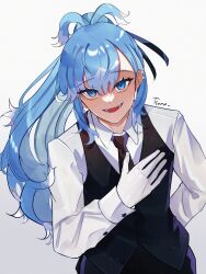 Rule 34 | 1girl, absurdres, artist name, black necktie, black pants, black vest, blue eyes, blue hair, butler, collared shirt, colored tips, commentary, english commentary, female butler, gloves, highres, hololive, hololive indonesia, kobo kanaeru, long hair, long sleeves, looking at viewer, multicolored hair, necktie, open mouth, pants, ponytail, shirt, sidelocks, solo, tsuuuno2, upper body, vest, virtual youtuber, waistcoat, wavy hair, white background, white gloves, white shirt