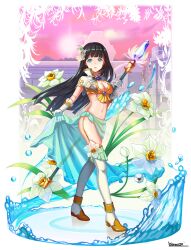 Rule 34 | 1girl, black hair, blue eyes, breasts, capelet, cleavage, commentary request, daffodil, floating hair, flower, gloves, hair flower, hair ornament, highres, holding, holding polearm, holding weapon, kuzumochi (kuzumochiya), long hair, looking at viewer, medium breasts, navel, original, parted lips, polearm, sarong, shoes, signature, sky, solo, spear, thighhighs, very long hair, water, weapon, white capelet, white flower, white footwear, white gloves, white thighhighs