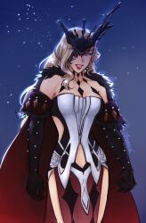 Rule 34 | 1girl, bare shoulders, blonde hair, blue eyes, breasts, cape, cleavage, collarbone, cowboy shot, dress, earrings, genshin impact, gloves, highres, jewelry, mask, mask over one eye, medium breasts, pelvic curtain, red cape, red lips, signora (genshin impact), smile, smug, solo, star (symbol), starry background, strapless, strapless dress, tsuumei