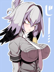 Rule 34 | 1girl, black hair, blonde hair, blue background, breasts, brown eyes, closed mouth, grey hair, hair intakes, impossible clothes, jin (mugenjin), kemono friends, large breasts, looking away, outline, shoebill (kemono friends), short hair, short sleeves, simple background, solo, upper body, white outline