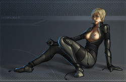 Rule 34 | 1girl, arm support, blonde hair, bodysuit, breasts, breasts out, cable, konami, large breasts, laughing octopus, metal gear (series), metal gear solid, metal gear solid 4: guns of the patriots, nipples, open bodysuit, open clothes, short hair, sitting, solo