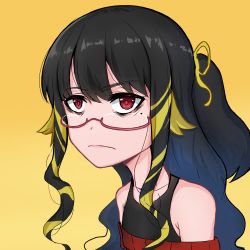 Rule 34 | 1girl, absurdres, asutoia, black hair, black tank top, collarbone, curly hair, glasses, highres, long hair, mole, mole under eye, multicolored hair, neck, original, ponytail, pout, red eyes, red shirt, ribbon, shirt, tank top, yellow background