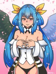 Rule 34 | 1girl, akairiot, asymmetrical wings, bad id, bad twitter id, blue hair, blush, bow, breasts, choker, dizzy (guilty gear), guilty gear, guilty gear xrd, highres, large breasts, long hair, looking at viewer, navel, red eyes, ribbon, smile, solo, tail, tail bow, tail ornament, tail ribbon, underboob, wings