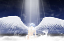 Rule 34 | 1990s (style), angel wings, ayanami rei, blue hair, completely nude, the end of evangelion, fantasy, highres, lilith (ayanami rei), neon genesis evangelion, nude, pale skin, retro artstyle, short hair, solo, wings
