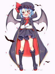 Rule 34 | 1girl, :d, absurdres, bat (animal), bat wings, black cloak, black footwear, black hat, black skirt, black wings, blue hair, blush, boots, bow, cloak, crossed arms, hanen (borry), happy, hat, hat bow, headwear request, highres, long sleeves, looking at viewer, mob cap, open mouth, red bow, red eyes, red scarf, remilia scarlet, scarf, short hair, simple background, skirt, smile, solo, standing, touhou, white background, white sleeves, wings