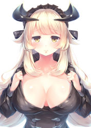 Rule 34 | 1girl, absurdres, black dress, black headwear, blonde hair, blush, breasts, chamber dragonmaid, cleavage, closed mouth, collarbone, commentary request, dragonmaid (yu-gi-oh!), dress, duel monster, highres, horns, kanzakietc, large breasts, long hair, looking at viewer, sidelocks, smile, solo, upper body, yellow eyes, yu-gi-oh!