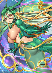 Rule 34 | 1girl, armor, ass, blonde hair, breasts, butt crack, creatures (company), embarrassed, game freak, gen 3 pokemon, green hair, hair between eyes, lamia, large breasts, legendary pokemon, long hair, mecha musume, monster girl, multicolored hair, nintendo, nipples, open mouth, personification, pokemon, puffy nipples, rayquaza, redjet, sky, slit pupils, solo, tail, two-tone hair, underboob, yellow eyes