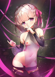 Rule 34 | 1girl, aianchor, bare shoulders, black panties, blush, breasts, closed mouth, covered erect nipples, covered navel, detached sleeves, dress, earrings, fate/grand order, fate (series), finger to mouth, hair ribbon, halterneck, index finger raised, jewelry, kama (fate), kama (first ascension) (fate), looking at viewer, panties, panty pull, pink eyes, pussy juice, ribbon, see-through, short hair, shushing, silver hair, small breasts, smile, solo, sparkle, thighhighs, thighs, underwear