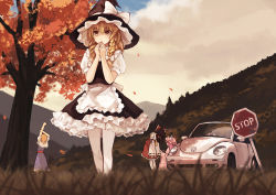 Rule 34 | 4girls, alice margatroid, anachronism, apron, blonde hair, bow, braid, brown hair, car, cloud, detached sleeves, female focus, grass, hair bow, hairband, hakurei reimu, hat, kirisame marisa, motor vehicle, mountain, multiple girls, pantyhose, patchouli knowledge, perspective, purple hair, road sign, sign, sky, stop sign, stretching, touhou, tree, vehicle, volkswagen, volkswagen beetle, white legwear, witch hat, xiao qiang (overseas)
