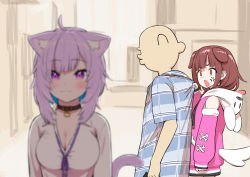 Rule 34 | 2girls, ahoge, anger vein, animal ear fluff, animal ears, animal hood, blue shirt, blurry, blurry foreground, blush, bone hair ornament, breasts, brown eyes, brown hair, cat ears, cat girl, cat tail, cleavage, closed mouth, clothes grab, collar, collared shirt, detached sleeves, distracted boyfriend (meme), dog ears, dog girl, dog hood, dog tail, fake tail, hair between eyes, hair ornament, highres, hololive, hood, hood down, hoodie, inugami korone, inugami korone (loungewear), listener (inugami korone), long sleeves, looking at another, medium breasts, medium hair, meme, multiple girls, neck ribbon, nekomata okayu, nekomata okayu (oversized shirt), open mouth, pink hoodie, plaid, plaid shirt, purple eyes, purple hair, purple ribbon, ribbon, sabaku chitai, shirt, short hair, short sleeves, sleeves past wrists, tail, virtual youtuber, white shirt