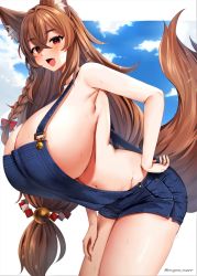 Rule 34 | 1girl, animal ear fluff, animal ears, braid, breasts, brown hair, cleavage, commission, fang, fox ears, fox girl, fox tail, gigantic breasts, hair between eyes, hair ornament, hand on own hip, huge breasts, leaning forward, long hair, looking at viewer, marota, naked overalls, navel, open mouth, original, overalls, red eyes, sideboob, smile, solo, sweat, tail, twitter username, very long hair
