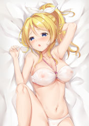 Rule 34 | 1girl, :o, arm up, armpits, ayase eli, bare arms, bare shoulders, bed sheet, bikini, blonde hair, blue eyes, blush, bow, breasts, cleavage, commentary request, commission, covered erect nipples, hair bow, highres, kokuto (kurousagi1210), large breasts, leg up, long hair, love live!, love live! school idol project, lying, nipples, on back, open mouth, parted bangs, ponytail, see-through, sidelocks, skeb commission, solo, swimsuit, underboob, white bikini, white bow