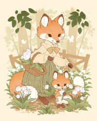 1girl 1other alt_text animal_ears basket blouse body_fur bow bowtie classic_lolita commentary english_commentary flower fox_ears fox_girl fox_tail full_body furry furry_female grass green_skirt holding holding_basket lolita_fashion long_sleeves mother_and_child orange_fur original outdoors picking_flowers samantha_whitten shirt skirt squatting standing striped_clothes striped_skirt tail vertical-striped_clothes vertical-striped_skirt yellow_bow yellow_bowtie yellow_shirt