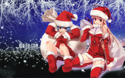 Rule 34 | 1boy, 1girl, :d, bell, blonde hair, blue hair, boots, breasts, brown hair, christmas, dille blood, dlsite.com, dress, elle sweet, hat, highres, jingle bell, looking at viewer, medium breasts, open mouth, refeia, sack, santa boots, santa costume, santa hat, sitting, small breasts, smile, squatting, thighhighs, watermark, web address, zettai ryouiki