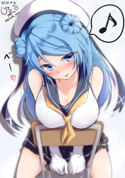 Rule 34 | 1girl, blue eyes, blue hair, blue sailor collar, blue serafuku, blush, breasts, commentary request, dated, double bun, elbow gloves, giraffe (ilconte), gloves, hair bun, hat, heart, highres, kantai collection, large breasts, long hair, looking at viewer, neckerchief, on chair, one-hour drawing challenge, pleated skirt, sailor collar, sailor hat, school uniform, serafuku, sitting, skirt, sleeves rolled up, smile, solo, urakaze (kancolle), white gloves, white hat, yellow neckerchief