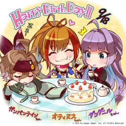 3girls ^^^ ^_^ ahoge bandana bikini bikini_top_only black_bikini black_dress blue_eyes brown_hair cake cake_slice character_name chibi chibi_only closed_eyes clothing_cutout commentary_request company_name cup dated dress drooling eating food food_on_face fork g-row gambanteinn gungnir_(phantom_of_the_kill) hair_ribbon happy_birthday headband heart highres holding holding_cup holding_fork holding_plate long_hair long_sleeves looking_at_another mole mole_under_eye multicolored_hair multiple_girls official_art open_mouth orange_hair othinus_(phantom_of_the_kill) phantom_of_the_kill plate ponytail purple_hair red_ribbon ribbon scarf second-party_source short_hair shoulder_cutout sitting sleeping sleeves_past_fingers sleeves_past_wrists strawberry_cake strawberry_shortcake sweatdrop swimsuit table tablecloth teacup teapot two-tone_hair zzz