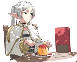 Rule 34 | 1girl, capelet, chair, closed mouth, dress, earrings, eating, elf, food, fork, frieren, green eyes, grey hair, holding, jewelry, long hair, long sleeves, looking to the side, parted bangs, plate, pointy ears, pudding, rkgk ojisan, shade, simple background, solo, sousou no frieren, twintails, white background, white capelet, white dress, white hair, wizard