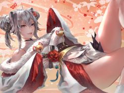 Rule 34 | 1girl, absurdres, ahoge, animal ears, bell, breasts, commentary, double bun, fangs, feet out of frame, floral background, flower, fur-trimmed kimono, fur trim, grey eyes, grey hair, hair bun, hair flower, hair ornament, hair tie, highres, hololive, huge filesize, hyde (tabakko), japanese clothes, kimono, large breasts, lion ears, obi, sash, shishiro botan, shishiro botan (new year), short hair, sidelocks, solo, thighs, virtual youtuber