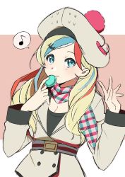 Rule 34 | 1girl, absurdres, blonde hair, blue hair, buttons, commandant teste (kancolle), commentary request, cowboy shot, double-breasted, eighth note, food, highres, jacket, kantai collection, long hair, looking at viewer, macaron, multicolored clothes, multicolored hair, multicolored scarf, musical note, pom pom (clothes), red hair, scarf, solo, spoken musical note, streaked hair, swept bangs, toriniku senshi chikinman, wavy hair, white headwear
