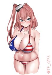 Rule 34 | 1girl, alternate costume, american flag bikini, bikini, blue eyes, breasts, brown hair, cleavage, closed mouth, collarbone, commentary, cowboy shot, cropped legs, english commentary, flag print, groin, hair between eyes, highres, huge breasts, kantai collection, long hair, looking at viewer, navel, one-hour drawing challenge, print swimsuit, saratoga (kancolle), side ponytail, simple background, smile, smokestack, solo, swimsuit, tf cafe, twitter username, white background
