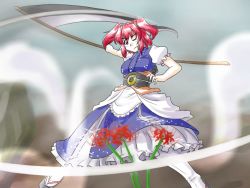 Rule 34 | 1girl, breasts, female focus, flower, hair bobbles, hair ornament, japanese clothes, medium breasts, one eye closed, onozuka komachi, pink hair, red eyes, red hair, scythe, short hair, solo, spider lily, supon, touhou, twintails, two side up, weapon, wink